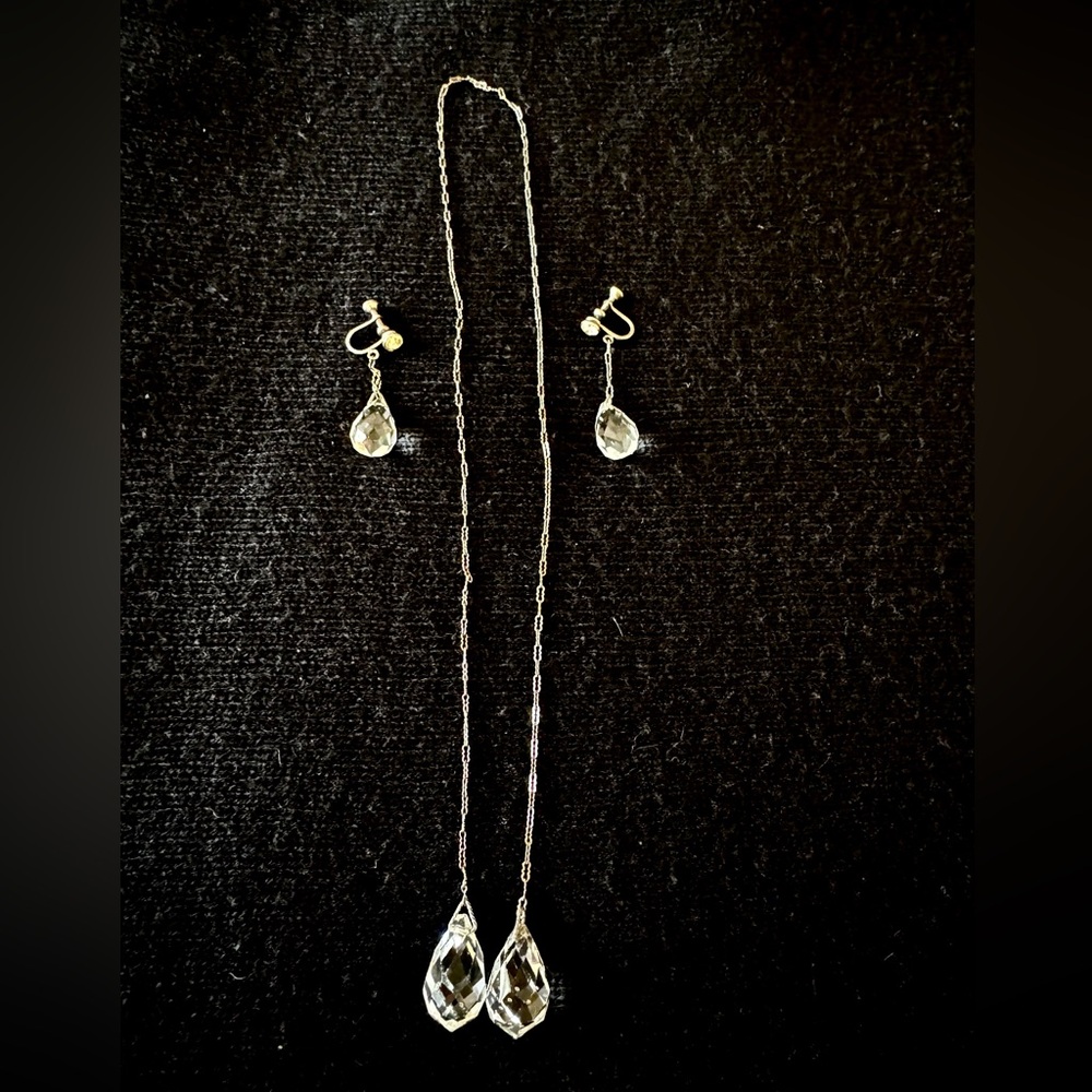 STUNNING VINTAGE 1920’s STERLING & CRYSTAL LAVALIERE NECKLACE & EARRING SET